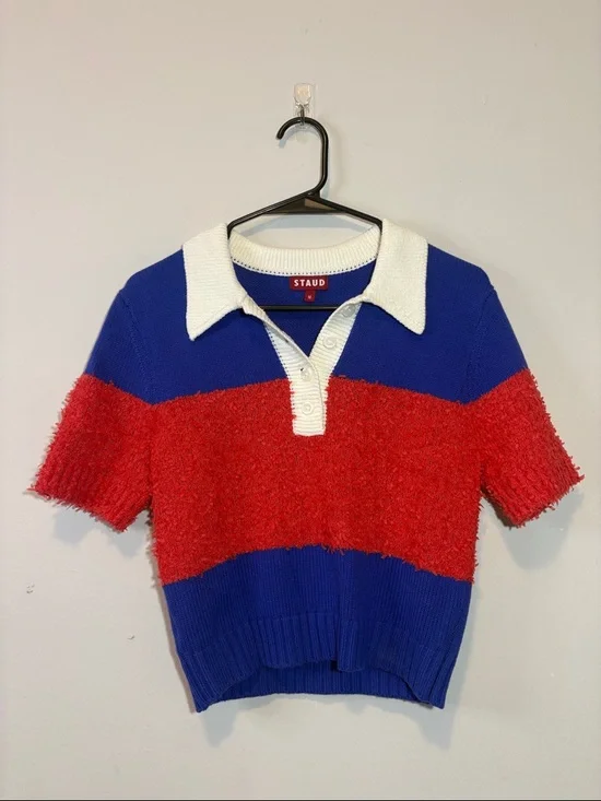 STAUD Spencer Top in Hibiscus & Atlantic Rugby Stripe Red White and Blue Texture - Picture 1 of 10